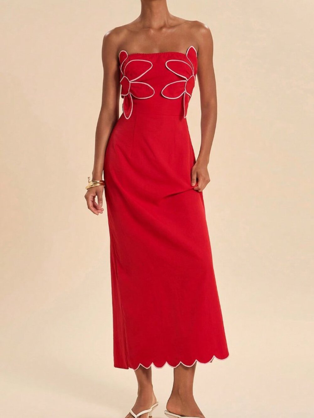 Red Casual Women's Floral Mid-Length Strapless Dress - Picture 6 of 7